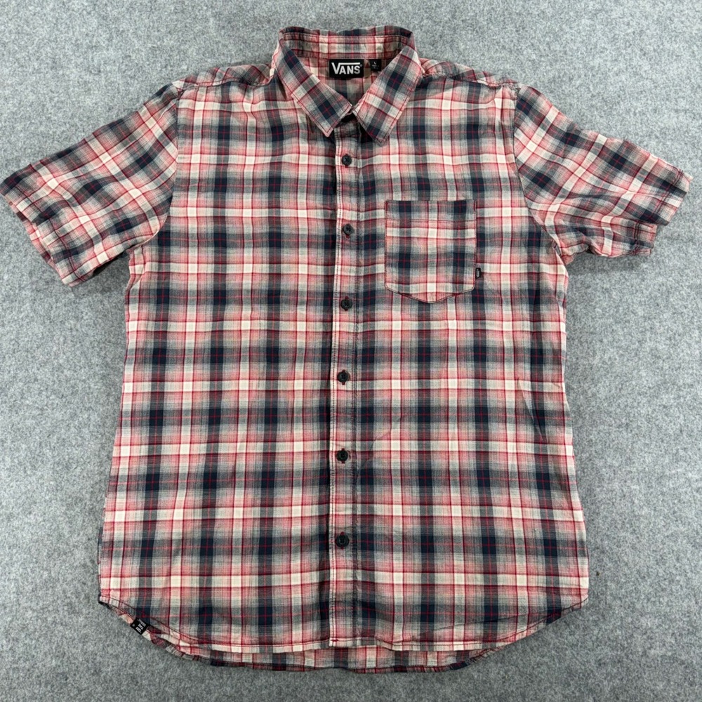 Vans Mens Large Short Sleeve Plaid Button Down Shirt Red White Blue Skater